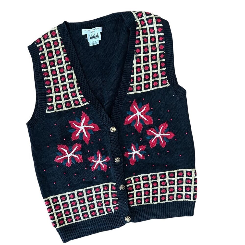 Vintage 90s Leslie Fay The Christmas Sampler Sweater Vest Size Medium Embroidere